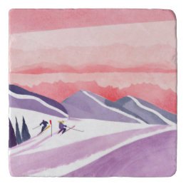 Pastel Watercolor Ski Mountain Sunset Trivet