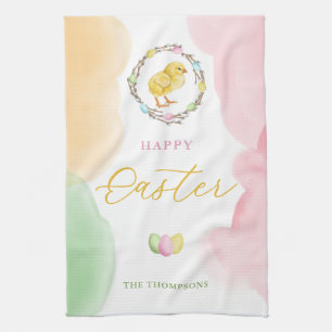 Pastel Watercolor Splashes And Chick Happy Easter Tea Towel