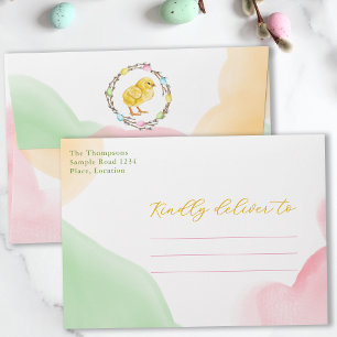 Pastel Watercolor Splashes And Yellow Chick Easter Envelope