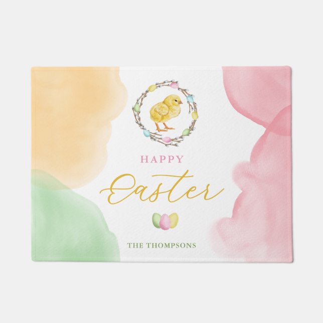 Pastel Watercolor Splashes With Chick Happy Easter Doormat (Front)