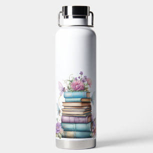 PASTEL WATERCOLOR STACK OF BOOKS WITH BUTTERFLY WATER BOTTLE