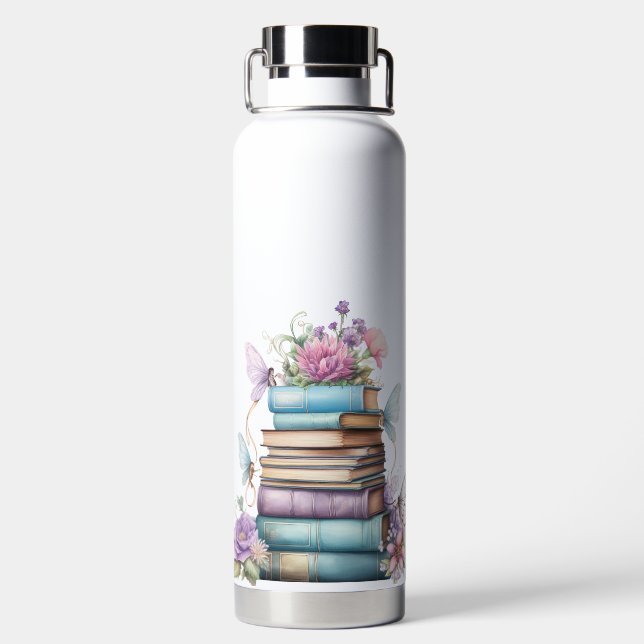 PASTEL WATERCOLOR STACK OF BOOKS WITH BUTTERFLY WATER BOTTLE (Back)