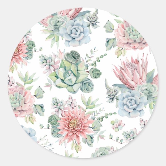 Pastel Watercolor Succulent and Cactus Pattern Classic Round Sticker (Front)