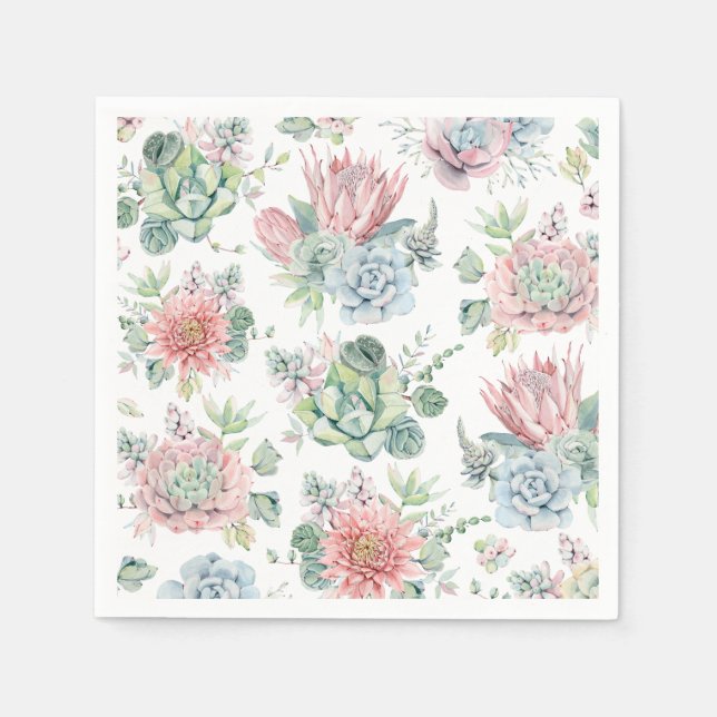 Pastel Watercolor Succulent Pattern Birthday Napkin (Front)