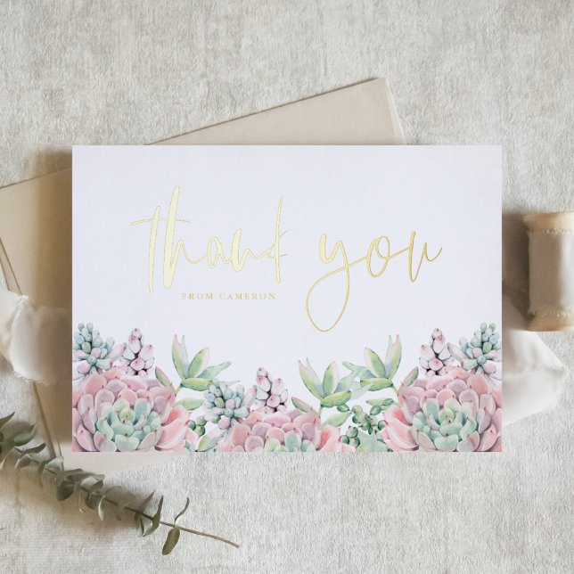 Pastel Watercolor Succulents Birthday Thank You Foil Greeting Card (Creator Uploaded)
