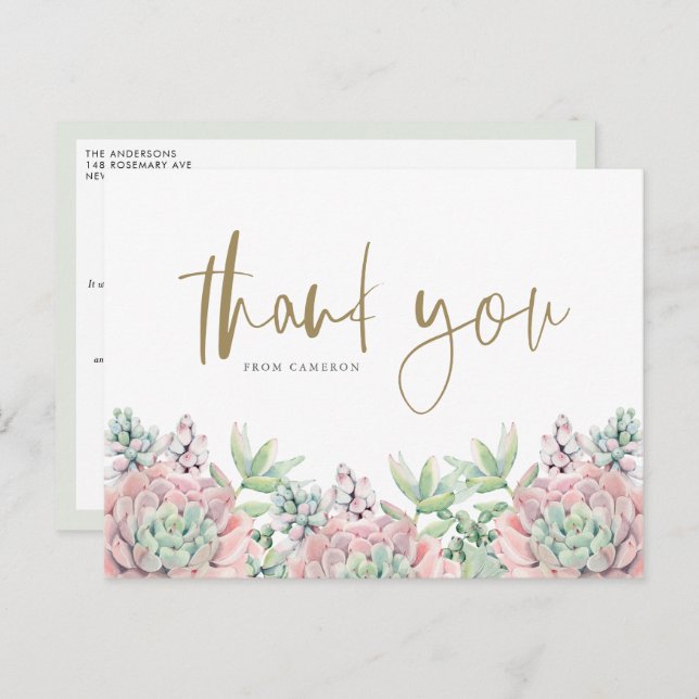 Pastel Watercolor Succulents Birthday Thank You Postcard (Front/Back)