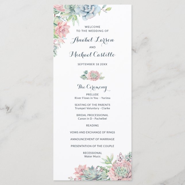 Pastel Watercolor Succulents Wedding Program (Front)