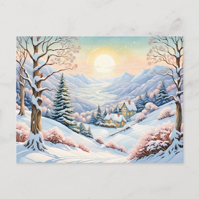 Pastel Watercolor Sunny Winter Landscape Postcard (Front)