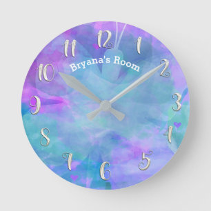Pastel Watercolor Teal Butterfly Personalised Name Round Clock