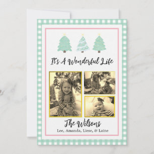 Pastel Watercolor Trees Green Plaid Christmas Card