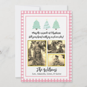Pastel Watercolor Trees Pink Plaid Christmas Card