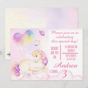 Pastel Watercolor Unicorn and Balloons Birthday Invitation