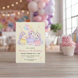 Pastel Watercolor Unicorn Girls Birthday Invitation