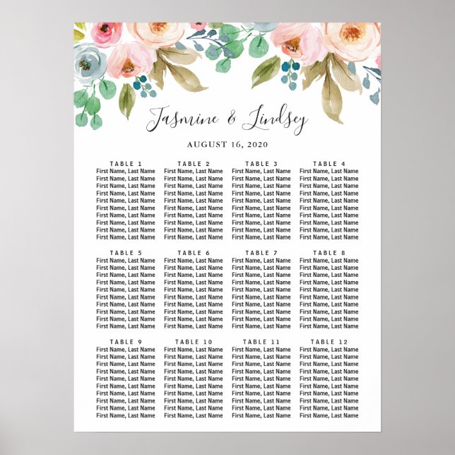 Pastel Watercolor Wedding Seating Chart (Front)