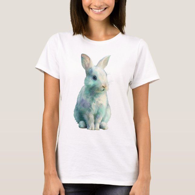 Pastel Watercolor Whimsical Bunny Rabbit Women T-Shirt (Front)