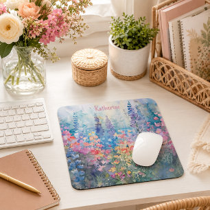 Pastel Watercolor Wildflower Meadow Name Mouse Pad