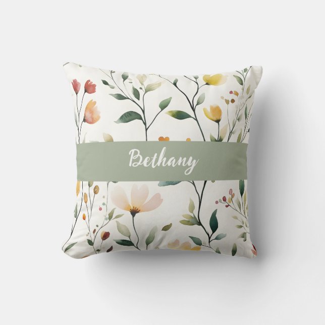 Pastel Watercolor Wildflower Monogram Name Cushion (Front)