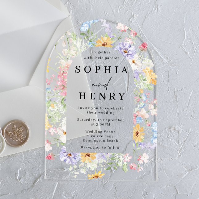 Pastel Watercolor Wildflowers Wedding Acrylic Invitations (Creator Uploaded)