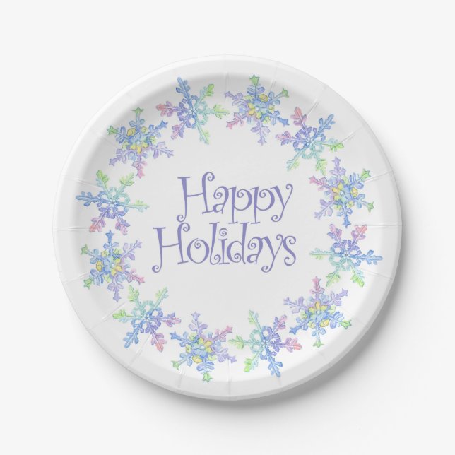 Pastel Watercolor Winter Snowflakes Happy Holidays Paper Plate (Front)