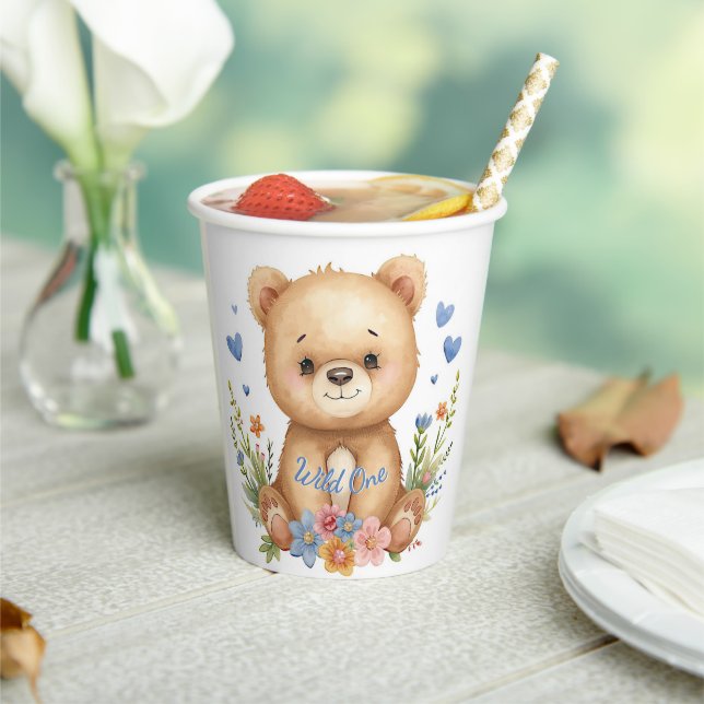 Pastel Watercolor Woodland Bear Blue Hearts Flower Paper Cups (Insitu)