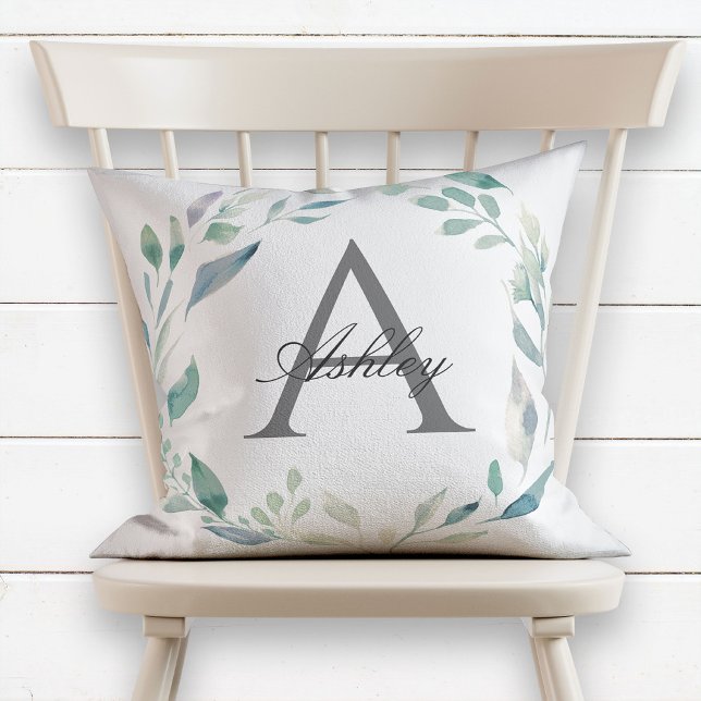 Pastel Watercolor Wreath Name Initial Monogram Cushion (Creator Uploaded)