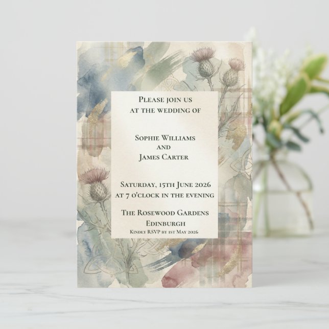Pastel Watercolour Thistle Tartan Scottish Wedding Invitation (Standing Front)