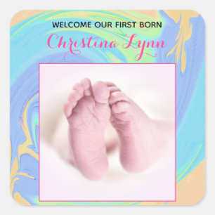 Pastel Welcome First Born With Photo Square Sticker