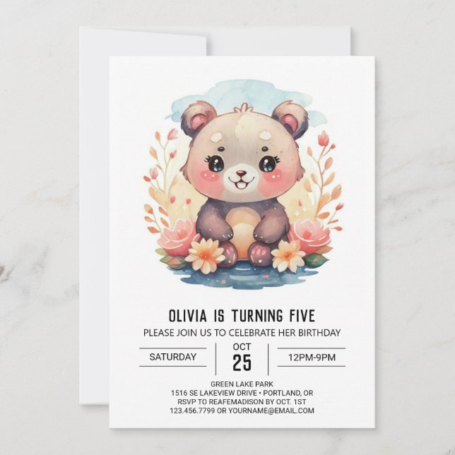 Pastel Whimsical Bear Girl Birthday Invitation (Front)
