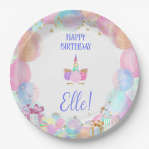 Pastel Whimsical Rainbows Unicorns Birthday Paper Plate
