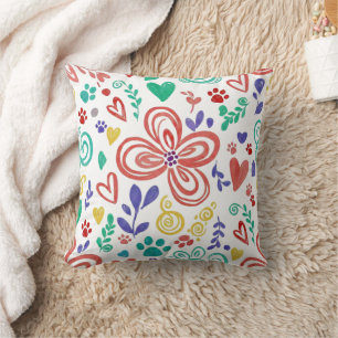 Pastel Whimsy Floral and Paw Print Throw Pillow