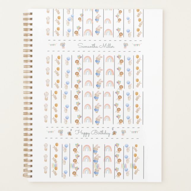 Pastel White Animal Themed Sequential Lions Rabbit Planner (Front)