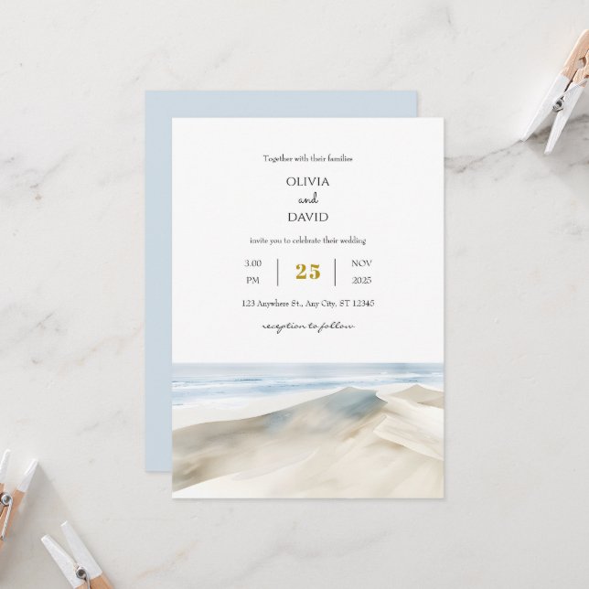Pastel White Sandy Dunes Shoreline Beach Wedding  Invitation (Front/Back In Situ)