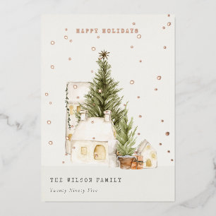 Pastel White Snow Tree Houses Seasons Greetings Foil Holiday Card