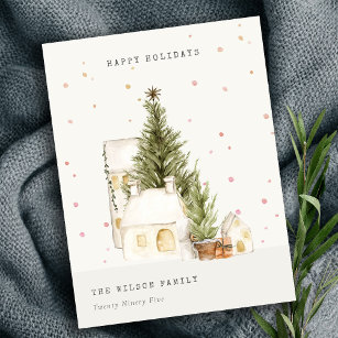 Pastel White Snow Tree Houses Seasons Greetings  Holiday Postcard