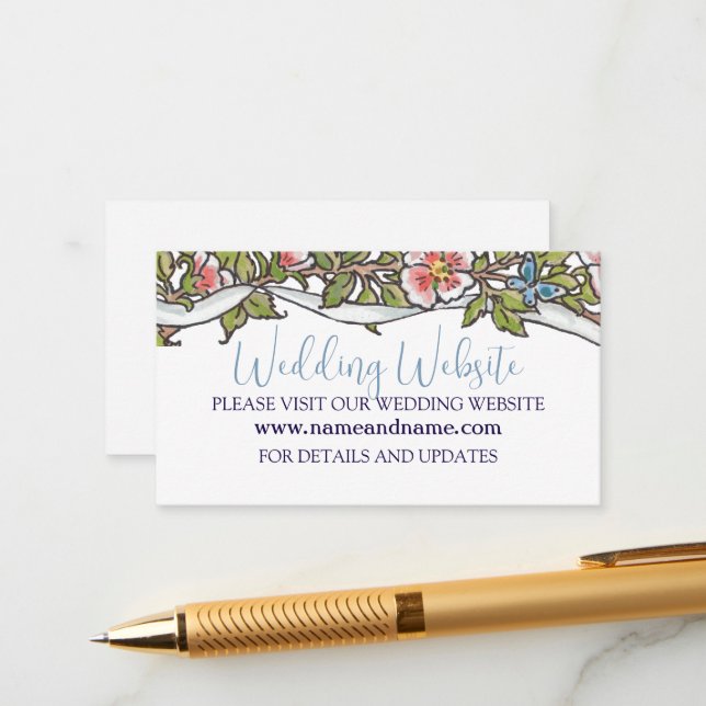 Pastel Wildflower Bird Rose Border Wedding Website Enclosure Card (Front/Back In Situ)