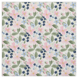 Pastel Wildflower & Blueberry Floral Pattern  Fabric