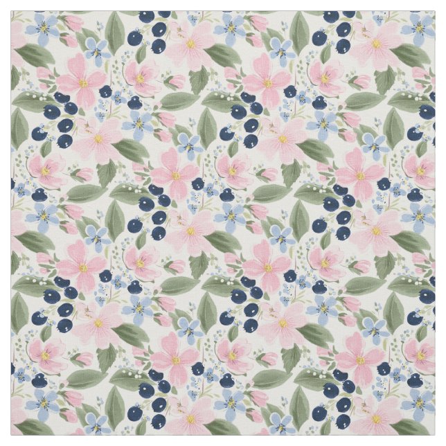Pastel Wildflower & Blueberry Floral Pattern  Fabric (Swatch)