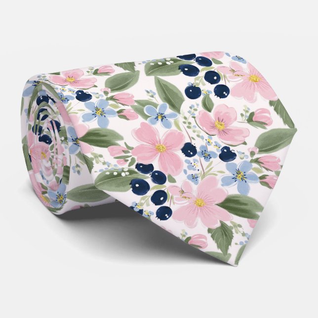 Pastel Wildflower & Blueberry Floral Pattern  Tie (Rolled)