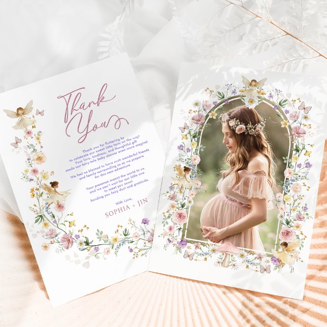 Pastel Wildflower Fairy Garden Baby Shower Photo Thank You Card (Creator Uploaded)