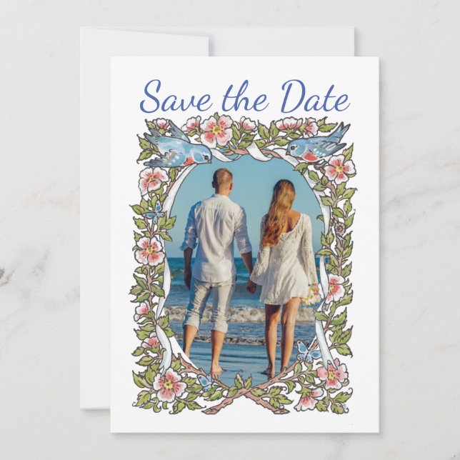 Pastel Wildflower Floral Bird Photo Wedding Save The Date (Front)