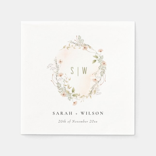 Pastel Wildflower Floral Monogram Wreath Wedding Napkin (Front)