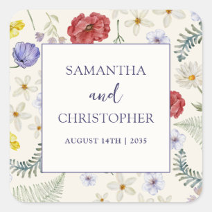 Pastel Wildflower & Foliage Wedding Square Sticker