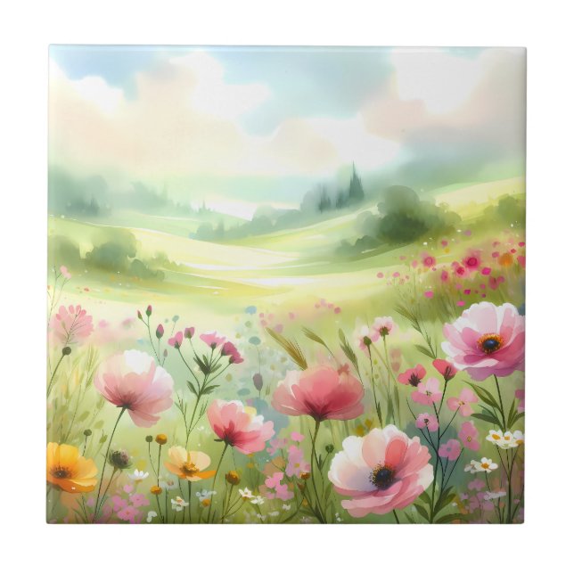 Pastel Wildflower Meadow Landscape Ceramic Tile (Front)