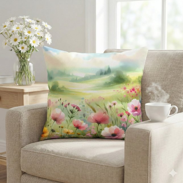 Pastel Wildflower Meadow Landscape Cushion (Pastel Wildflower Meadow Landscape Throw Pillow Mockup A)
