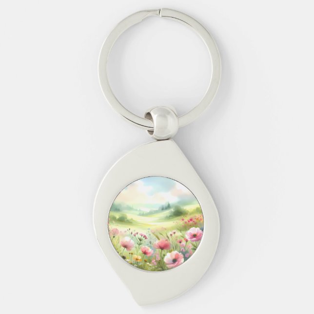 Pastel Wildflower Meadow Landscape Key Ring (Front)