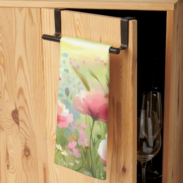 Pastel Wildflower Meadow Landscape Tea Towel (Thirds Fold)