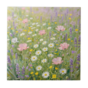 Pastel Wildflower Meadow Painting Ceramic Tile
