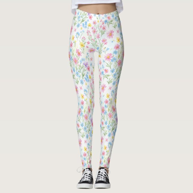 Pastel Wildflower Meadow Pattern Leggings (Front)