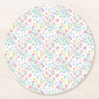 Pastel Wildflower Meadow Pattern Round Paper Coaster