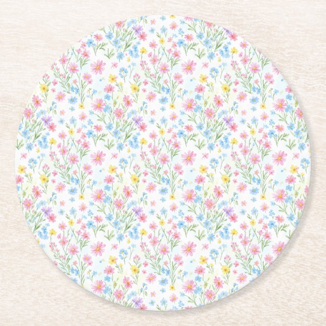 Pastel Wildflower Meadow Pattern Round Paper Coaster (Front)